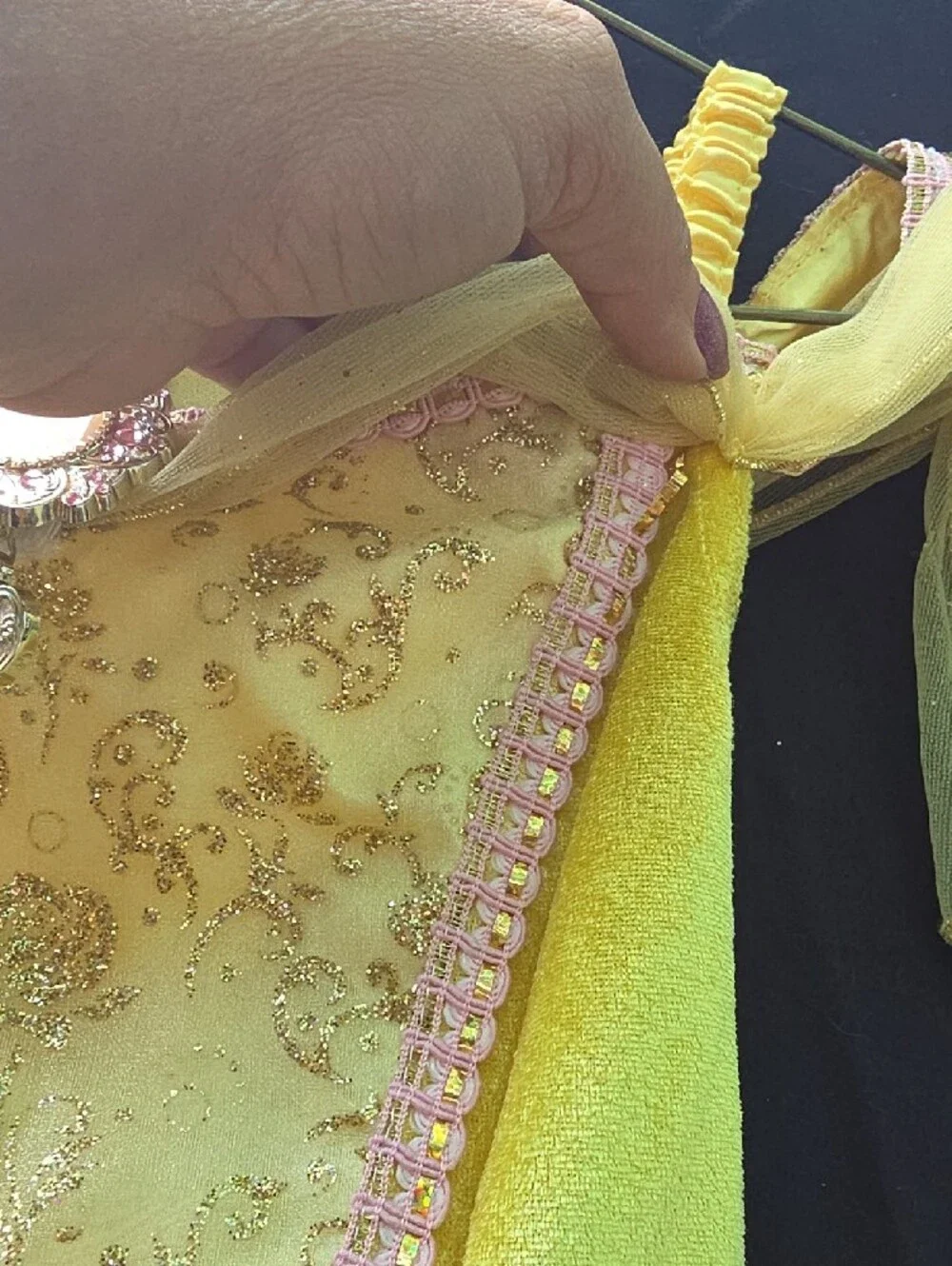 Disney Princess Belle Ball Gown Costume with Pink Floral Accents.